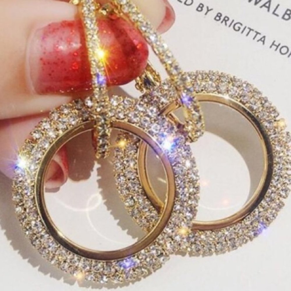 Glam Gold Pave Double Hoop Crystal Midi Earrings